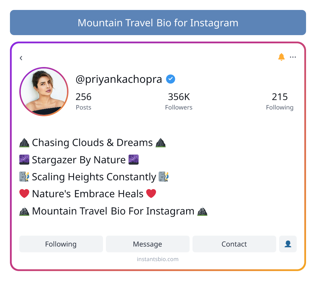 Mountain Travel Bio for Instagram