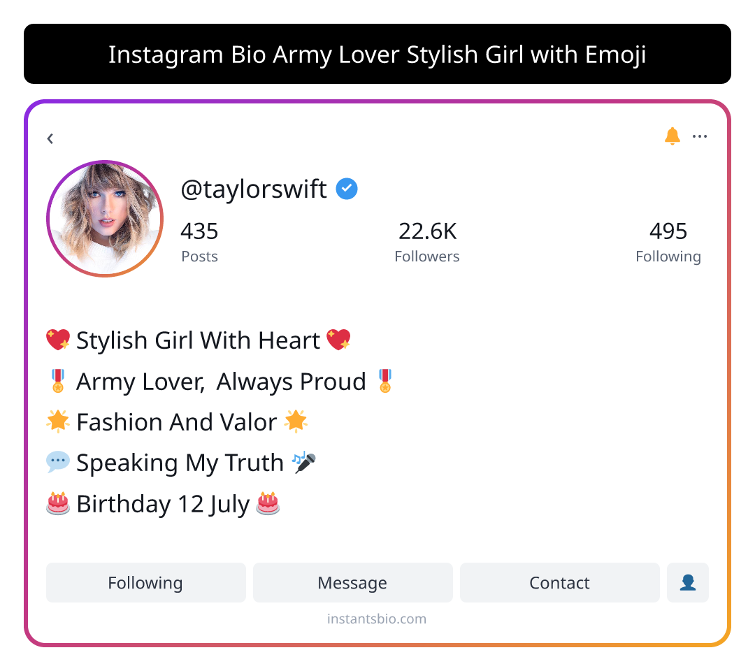 Instagram Bio Army Lover Stylish Girl with Emoji